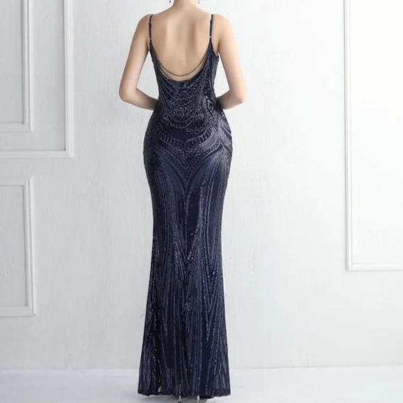 Navy, Geo Print, Sleeveless, Beaded Draped Back, Contrast Sequined Merm… - Picture 9 of 13
